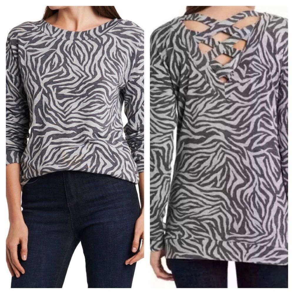 1.STATE Long Sleeve Back Crisscross Zebra Top